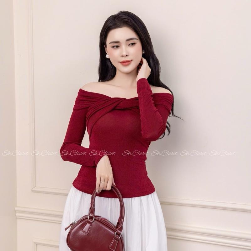 AD13 - Áo Thun Nữ Dài Tay Trễ Vai Xoắn Ngực Dáng Ôm Body Chất Thun Nhũ Siêu Co Giãn Mềm Mịn Thanh Lịch Sang Trọng