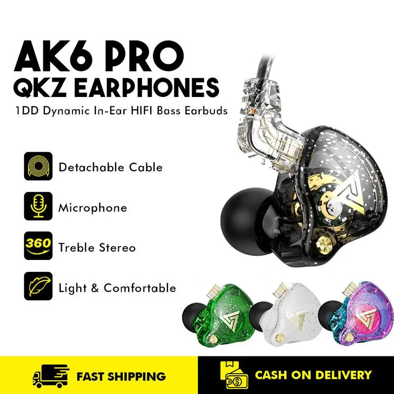 QKZ AK6 Pro In-Ear HiFi Audiophile Subwoofer Headphones with Mic Hi Res Cable Detachable Noise Cancellation Earphone