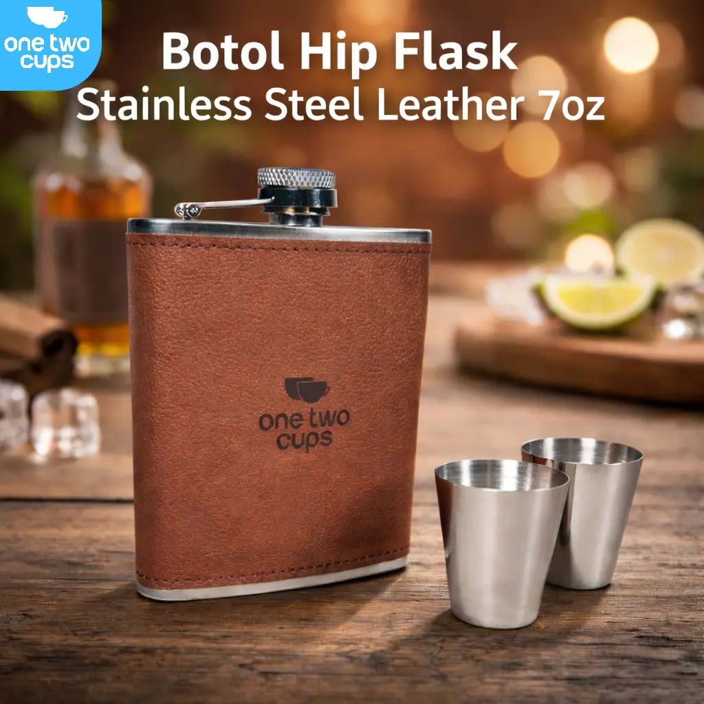 One Two Cups Botol Hip Flask Stainless Steel Leather 7oz with Shot Glass TAG7