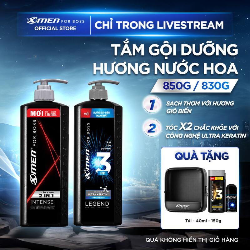 [COMBO MUA 1 TẶNG 3] Sữa Tắm gội 2in1 Xmen for Boss Intense 850g hoặc Sữa Tắm gội dưỡng 3in1 Legend 830g + Tặng 3 quà (3in1 Luxury 150g+Lăn Legend 40ml + Túi lưới)