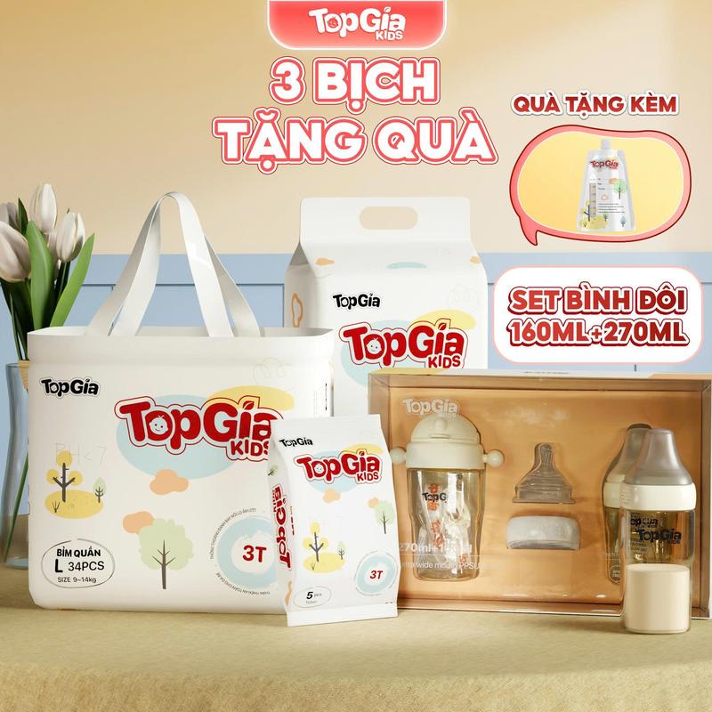 DEAL LIVE TẶNG BỘ BÌNH ĐÔI 3 Bịch Tặng Bộ Bình Đôi + Quà Tã Bỉm TopGiaKids pH < 7 ngừa hăm đai chun đệm mây mềm mại co dãn 4 chiều thấm hút bề mặt khô thoáng size S đến XXXL cho bé từ 4-20kg bỉm BO
