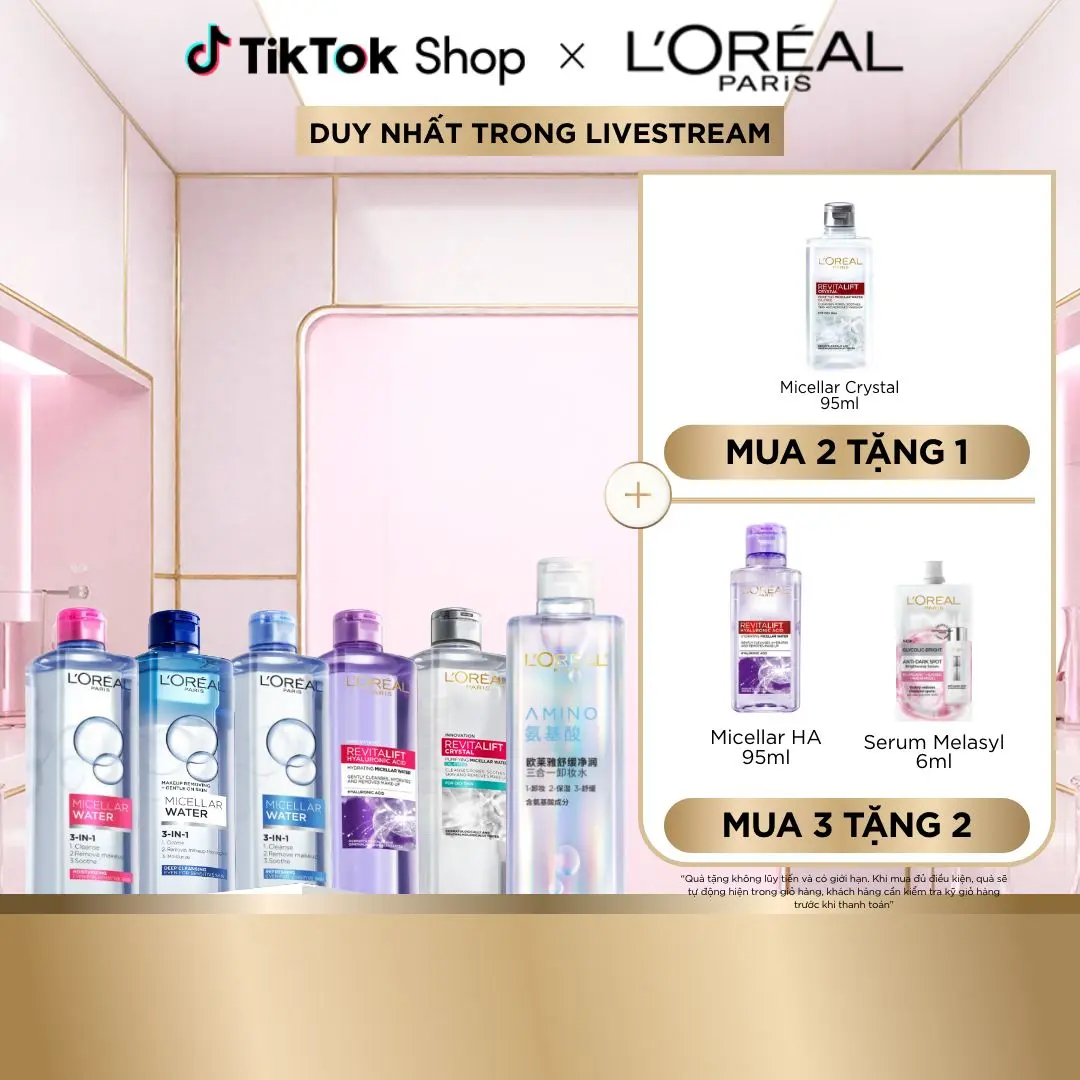 Nước tẩy trang làm sạch sâu, loại bỏ bụi bẩn& trang điểm 3-in-1 L'Oreal Paris Micellar Water 400ml