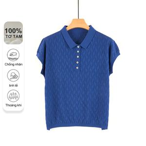 Áo Polo Nữ Dệt Kim Họa Tiết MuMeng, Ngắn Tay, Làm Bằng Lụa Mulberry 100%, Mềm Mại Và Thoáng Khí, Thích Hợp Mặc Hàng Ngày, Đồ Len Mùa Hè