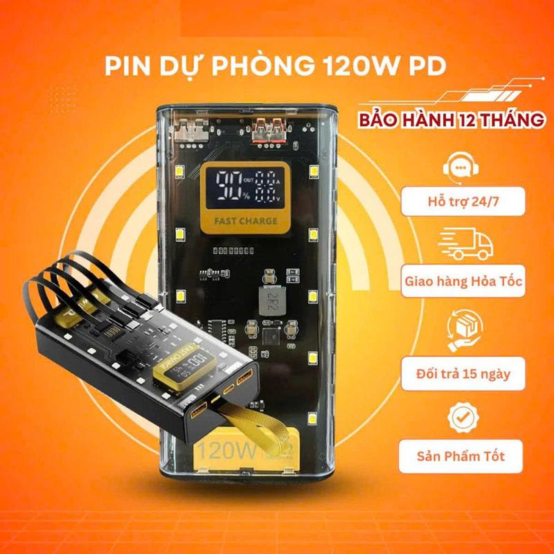SSạc dự phòng trong suốt Power bank 30000mah với 4 cổng sạc nhanh 25W và PD 120W pin dự phòng sẵn 4 đầu dây cực bền