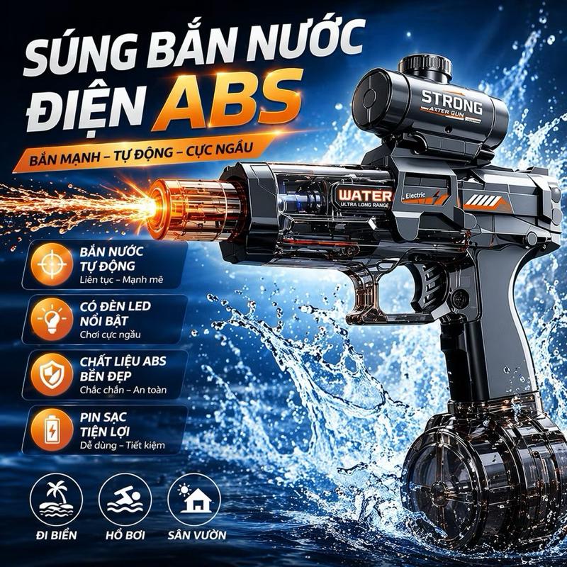 [SÚNG BẮN NƯỚC ĐIỆN] Tự Động ABS Đèn LED Pin Sạc – Đồ Chơi Trẻ Em, Quà Tặng Bé 1/6 Trung Thu Sinh Nhật