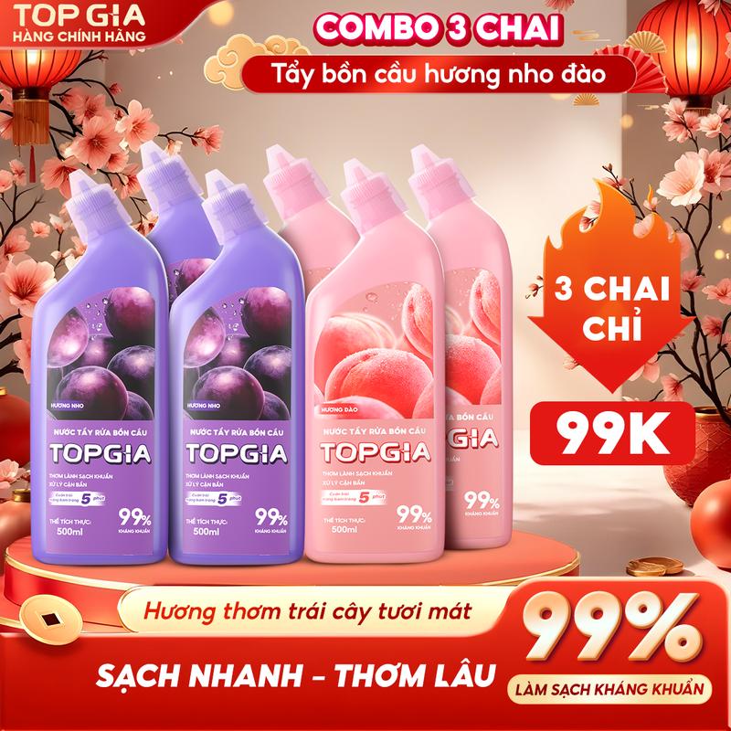  HÀNG CHÍNH HÃNG TOPGIA  Nước Tẩy Bồn Cầu Hương Nho Đào TOPGIA - Làm sạch mọi vết bẩn Kháng khuẩn 99,9% Hương thơm Nho - Đào dễ chịu An toàn cho lớp men - Topgiaclean - TBCNĐ 