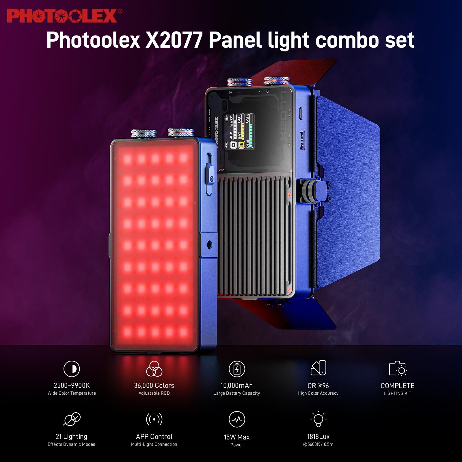 PHOTOOLEX X2077 Panel Light Combo Set RGB LED Lampu Studio 10000mAh dengan Power Bank Lampu Profesional untuk Vlog Live Streaming Camera