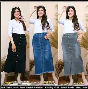 Rok Jeans Panjang Premium Rawis Kancing Depan aktif/ Rok Jeans Gisca kain jeans tebal