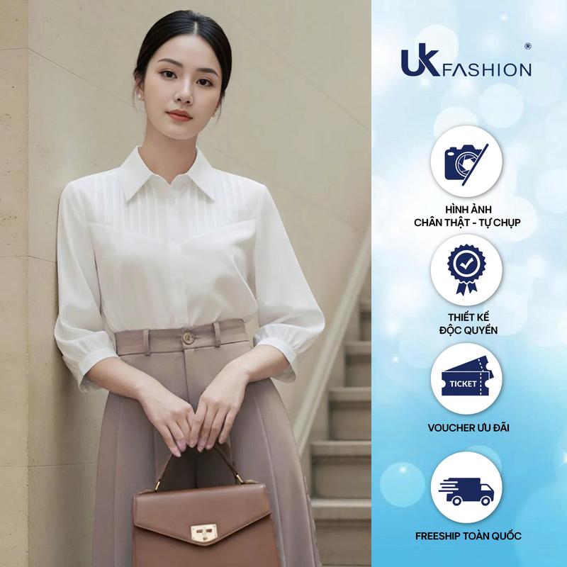 Áo Sơ Mi Cổ Đức Xếp Ngực Tay Lỡ Thời Trang Công Sở NK Fashion Trẻ Trung, Nữ Tính UKSM2507030