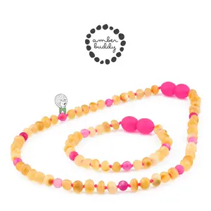 Amber Buddy | LE576 Kalung dan Gelang Bayi Baltic Amber Kombinasi Pink Lace Agate. 32cm & 14cm