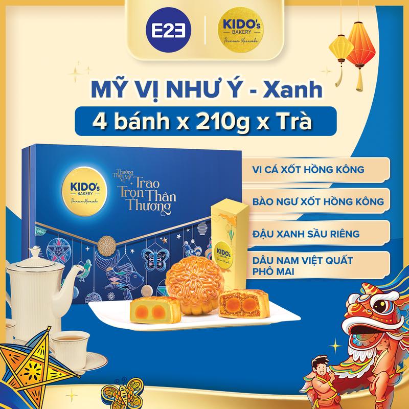 HỘP MỸ VỊ NHƯ Ý XANH - Hộp Bánh Trung Thu Kido's Bakery Cao Cấp (Set gồm 4 bánh 210g vị Vi Cá, Bào Ngư, Đậu Xanh Sầu Riêng, Dâu Nam Việt Quất Phô mai + trà 50g) | E2E Thực Phẩm Đồ Ăn | Kido Group
