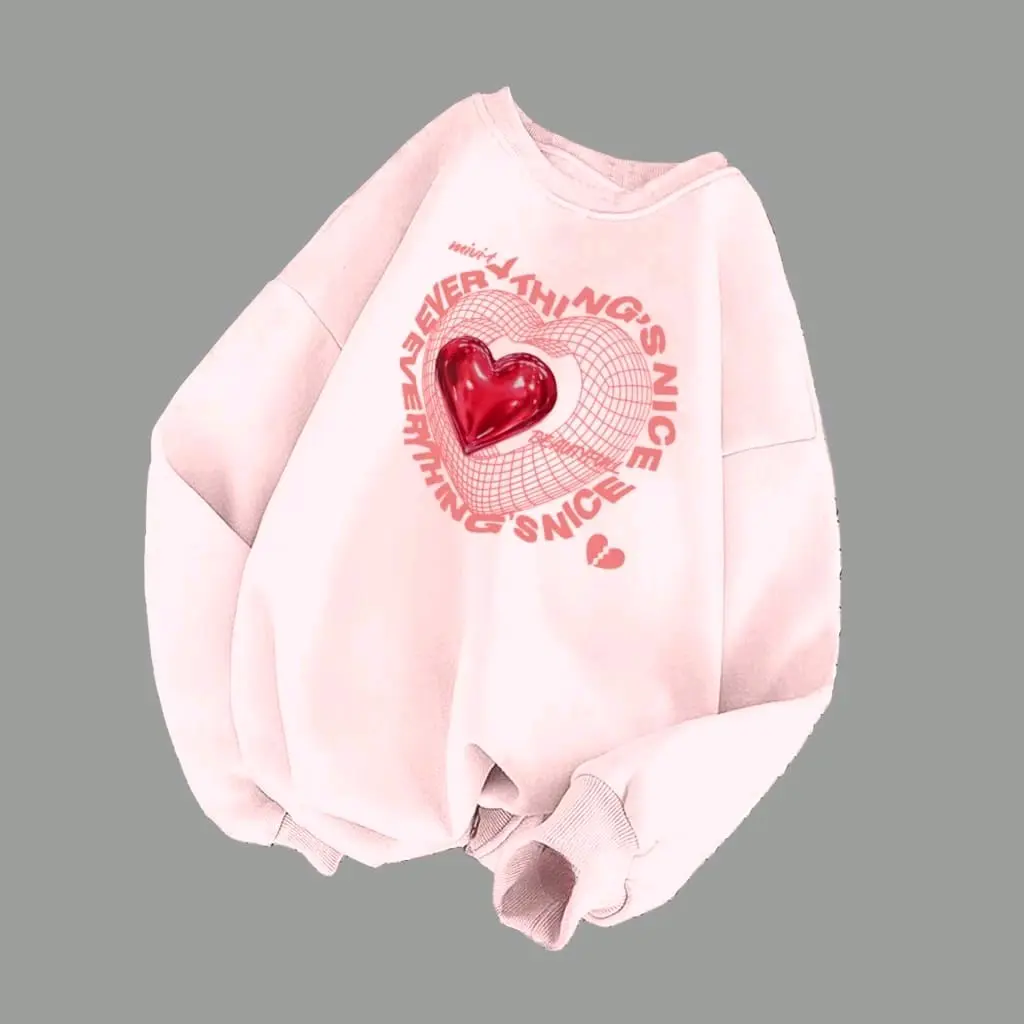 Sweater pink love pakaian wanita korean style-kekinian Fit Lembut Panjang Nyaman Sweatshirt Crewneck Oversize Basic Oblong