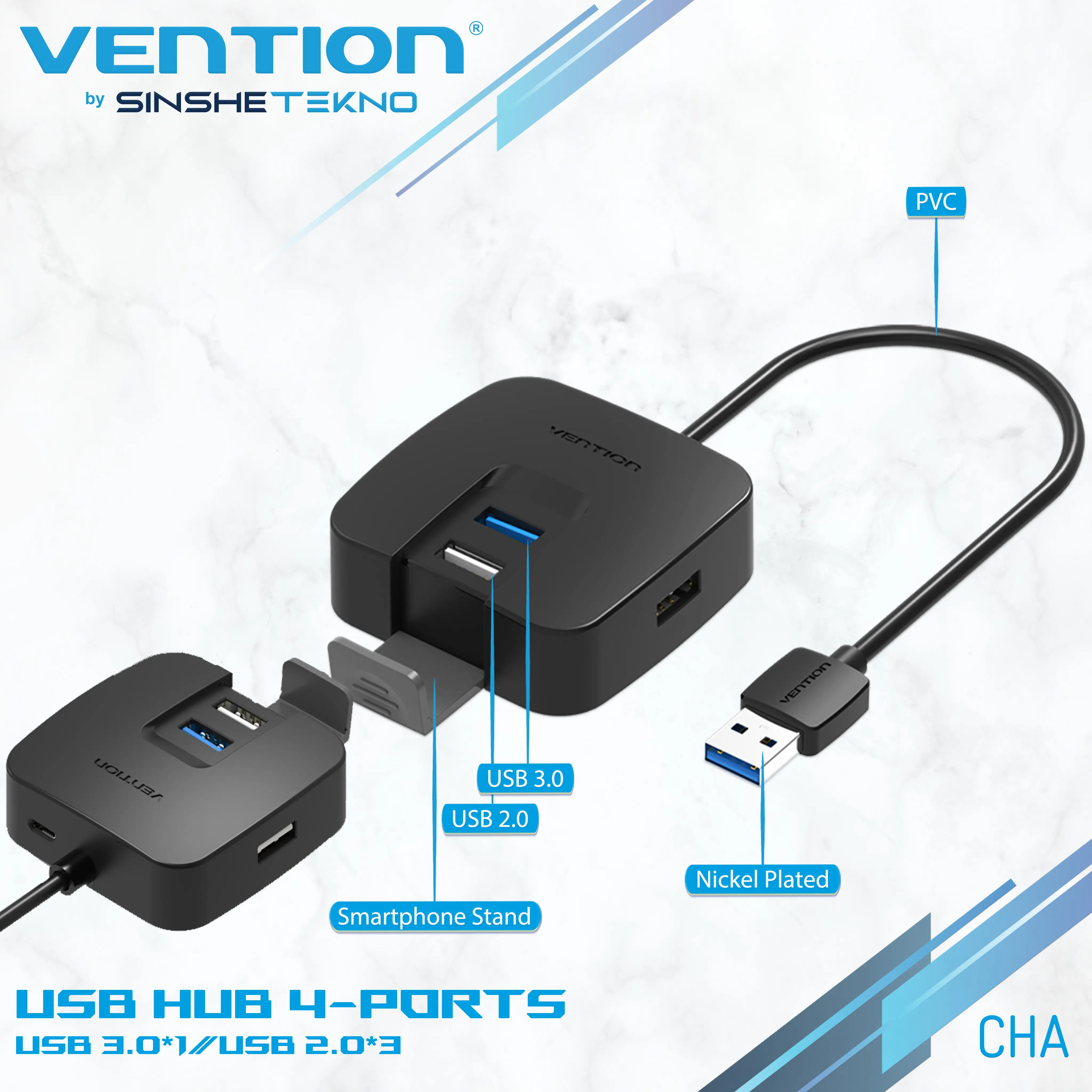 Vention CHA USB HUB 3.0 x 1 port + 2.0 x 3 ports with Micro USb Power & phone bracket