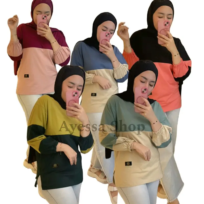 Ayessa Shop T-shirt Atasan Kaos Wanita Lengan Panjang Kerut Kombinasi Bahan katun Combeds nyaman enak dipakai 0