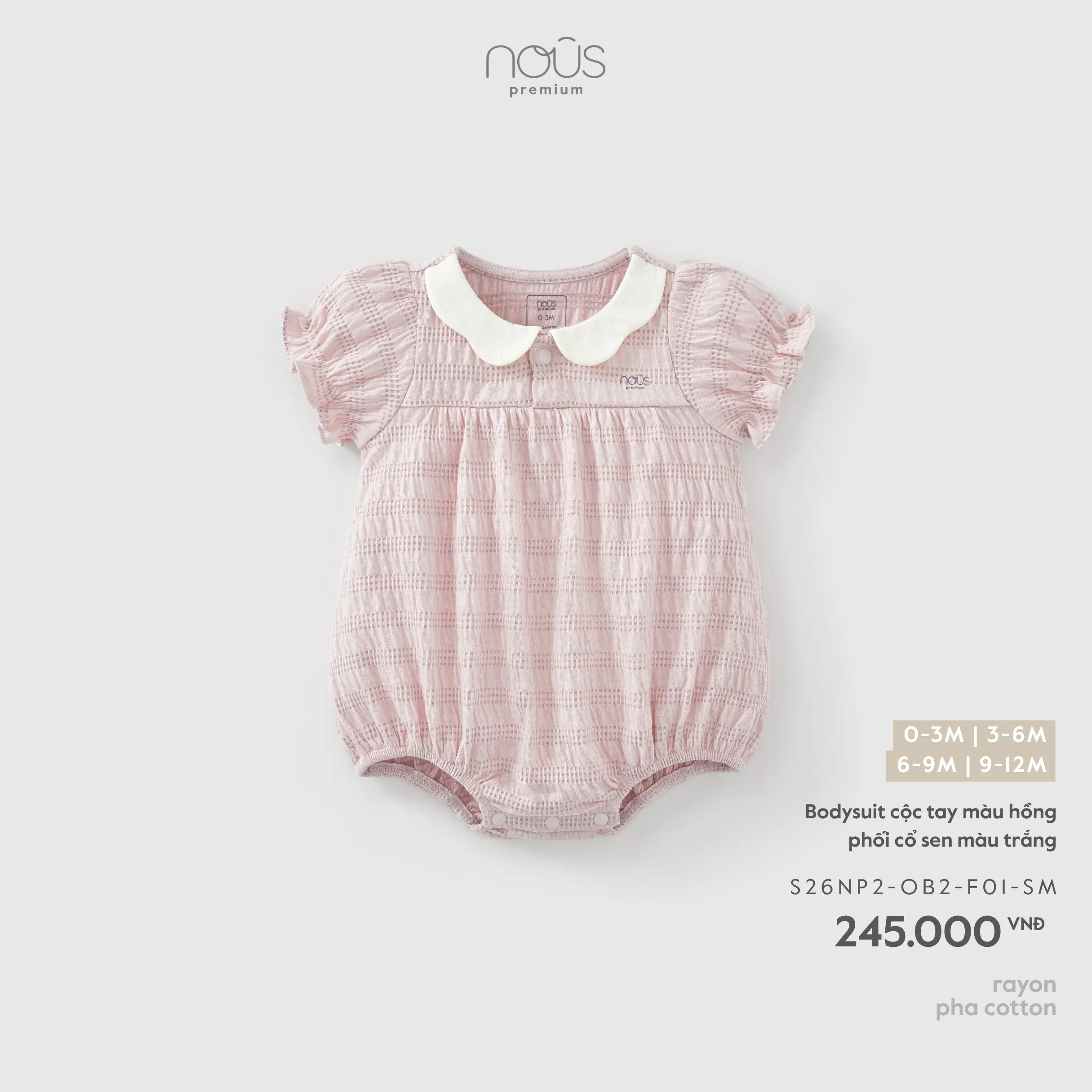 Bodysuit cộc tay màu hông phối cổ sen màu trắng Nous