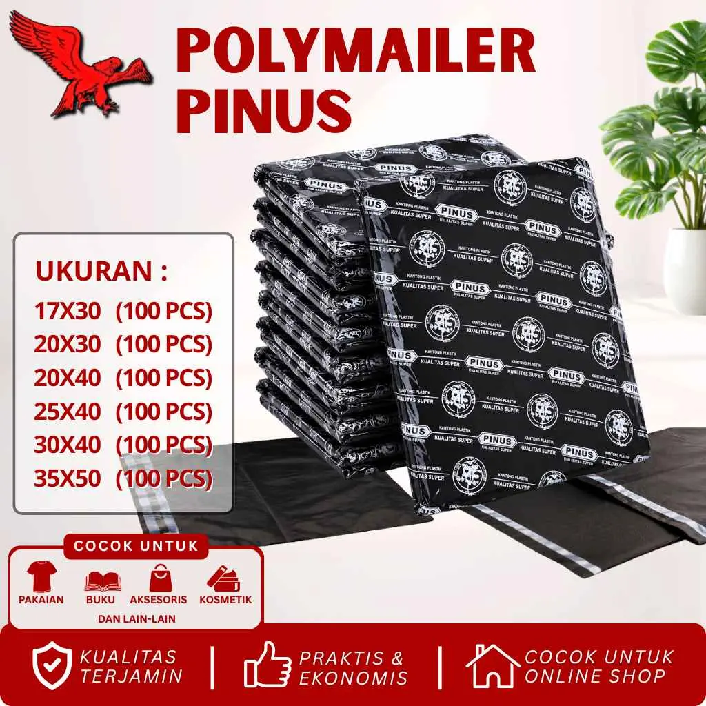 Plastik Polymailer Hitam Pinus 16/17/20/25/30/35 isi100pcs Ekonomis Olshop Packing Lem Perekat Tebal Anti Sobek
