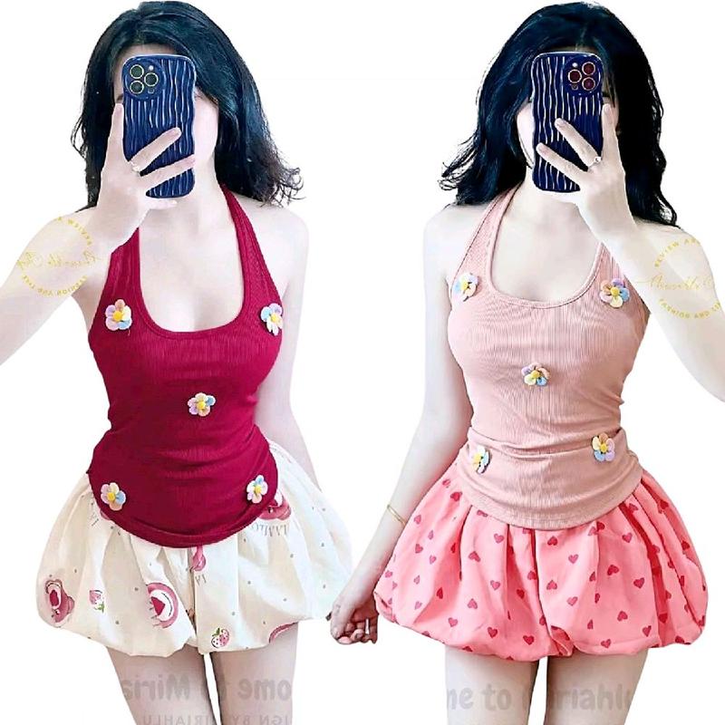  Set Phối Áo Yếm Lững Đính Hoa Phối Quần Bí Hoạ Tiết  Có Tách - Thời Trang Nữ Hot Trend 2025 Tôn Dáng Hack Eo Nữ Xinh 