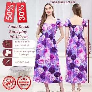 Luna Dress Wanita Jumbo Rayon Premium Motif Bunga Lengan Butterfly Double Sayap LD 120cm PG 120cm BB Max 90kg Adem Nyaman