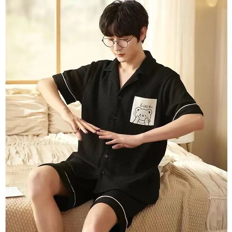 Baju tidur piyama cowok pendek bahan kaos katun kra kancing 2