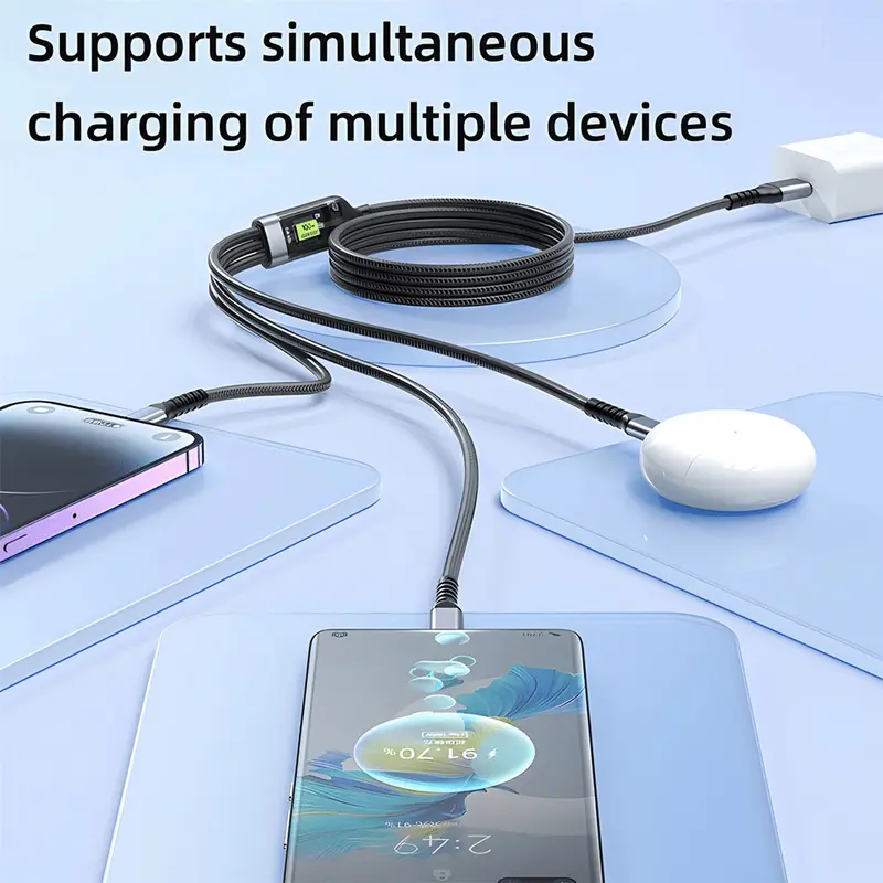 Kabel Data 3 IN 1 100W Fast Charging Cable Lightning Type C USB Micro For iPhone 15 Samsung Xiaomi OPPO VIVO Pilot Lamp Digital Screen Charger 1