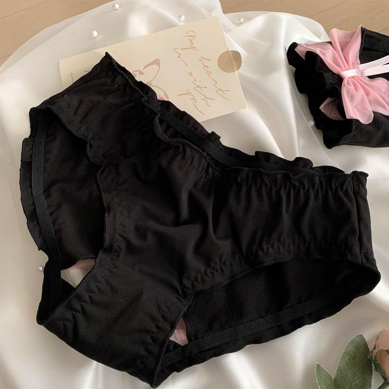 Quần Lót Ren Cotton, Phong Cách Gợi Cảm, Dành Cho Nữ, Màu Đen, Cạp Thấp, Nơ Màu Hồng Ngọt Ngào Thiết Kế Dễ Thương Khoét Lỗ, Thoáng Khí Và Thoải Mái, Thích Hợp Cho Bé Gái, Đồ Lót 7