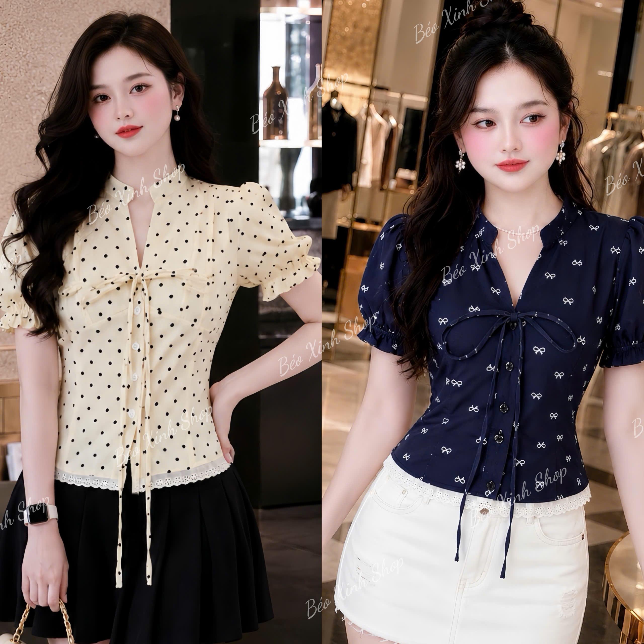 Áo Kiểu Nữ Bigsize Cột Nơ Ngực Phối Ren, Áo Cotton Tay Bồng Bo Chun Lưng 50–90kg Béo Xinh Shop - B.1853