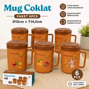 6Pcs MUG GELAS TUTUP PLASTIK COKLAT