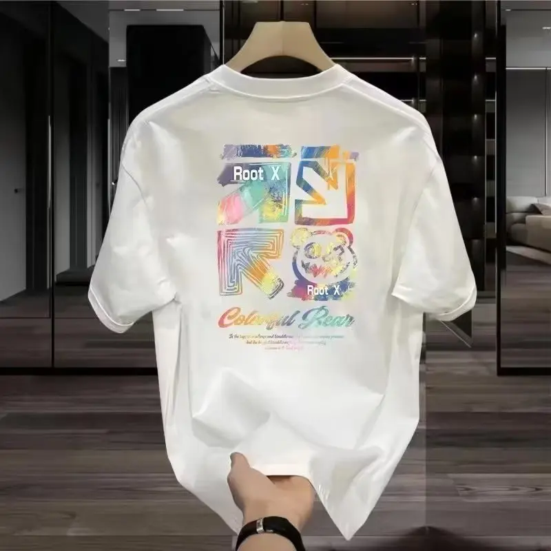 Men's Short-Sleeved T-shirt round Neck Loose Clothes Summer Heavy Cotton plus Size Half Sleeve T-shirt Trendy Long Velvet Cotton