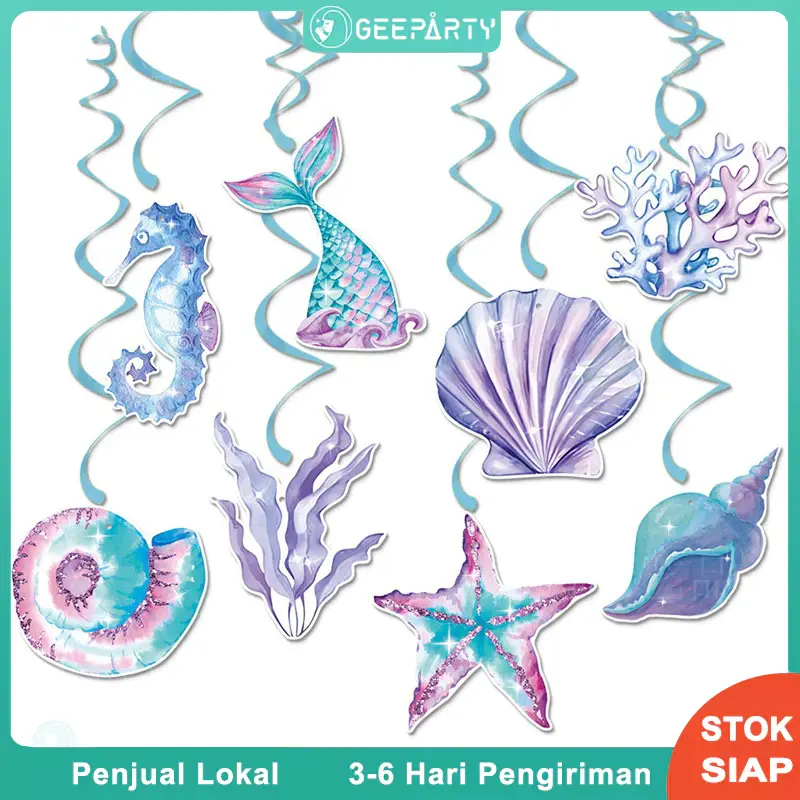 8 Pcs Dekorasi Gantung Spiral Kerang Ekor Putri Duyung Kuda Laut Berputar Untuk Pesta Ulang Tahun 0