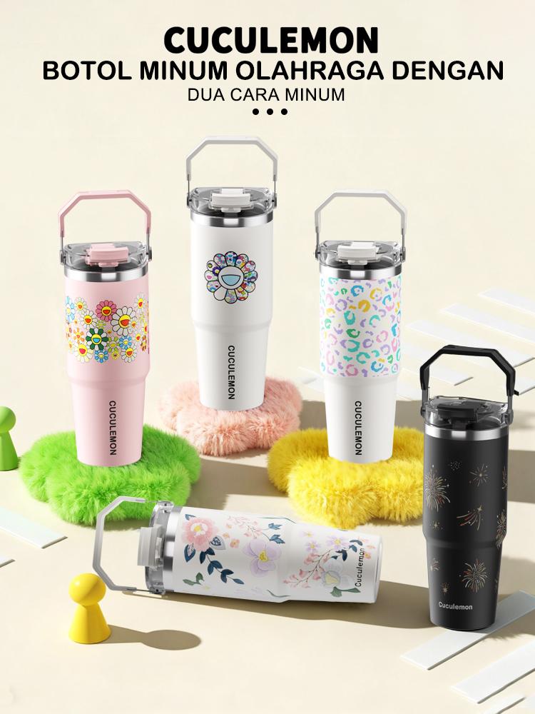 Cuculemon Tumbler Stainless 890ml | Vacuum Flask Hot & Cold 24 Jam, Anti Bocor, Dengan Sedotan & Handle, Motif Sunflower / Lip Print Aesthetic tumblers stainless botol minum sport cup bottle tumbler lucu cewek tumblers hydropack