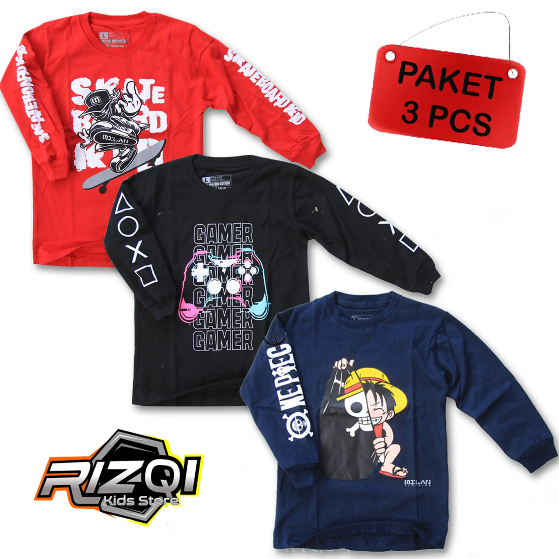 Paket 3 pcs kaos lengan panjang anak laki laki usia 3,5-14 tahun bahan katun combad 24s Combed Cotton