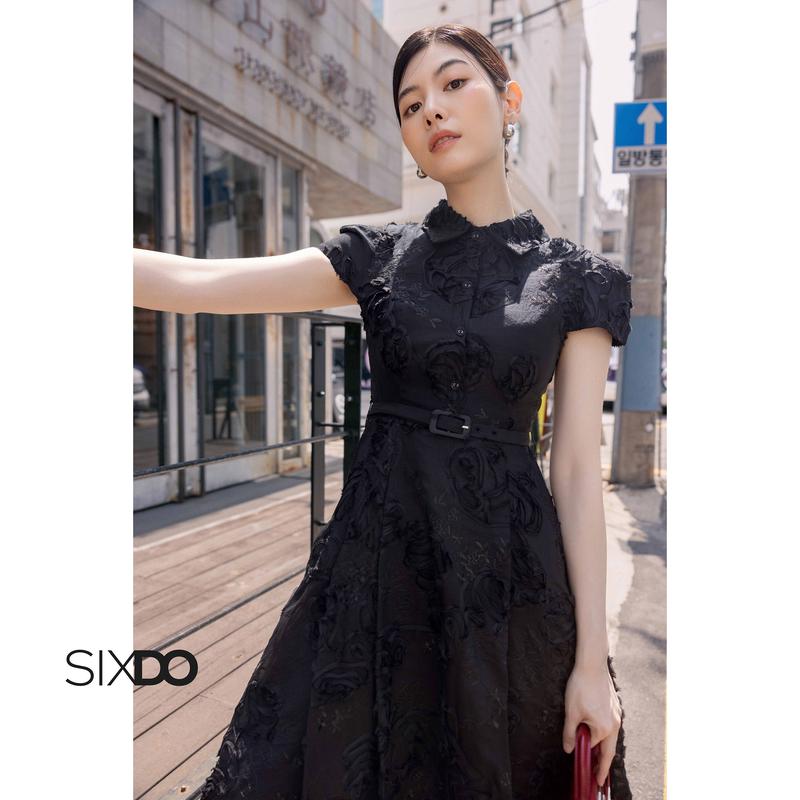 Đầm xòe đen ngắn tay cổ đức SIXDO Black Organza Flared Dress