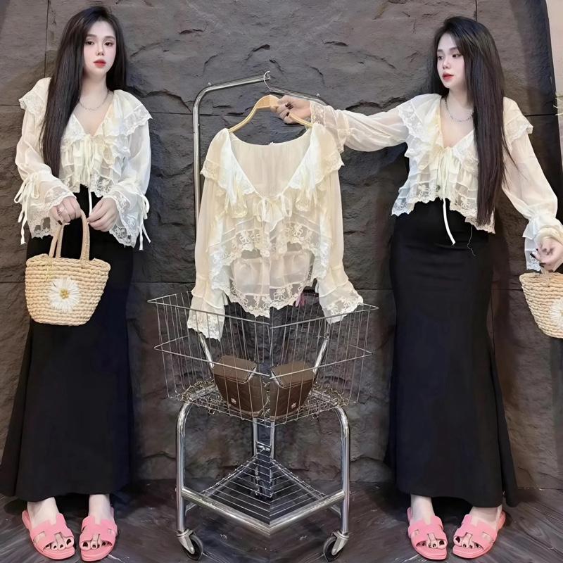 Áo nữ hotrend babydoll bèo cổ tay dài phối ren kem xinh xắn
