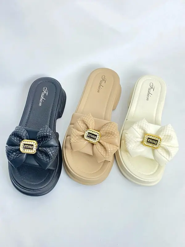 ACCBAYI SF55 Sandal Slide Slip On Wedges Wanita Tebal Elegan motif pita cantik 1