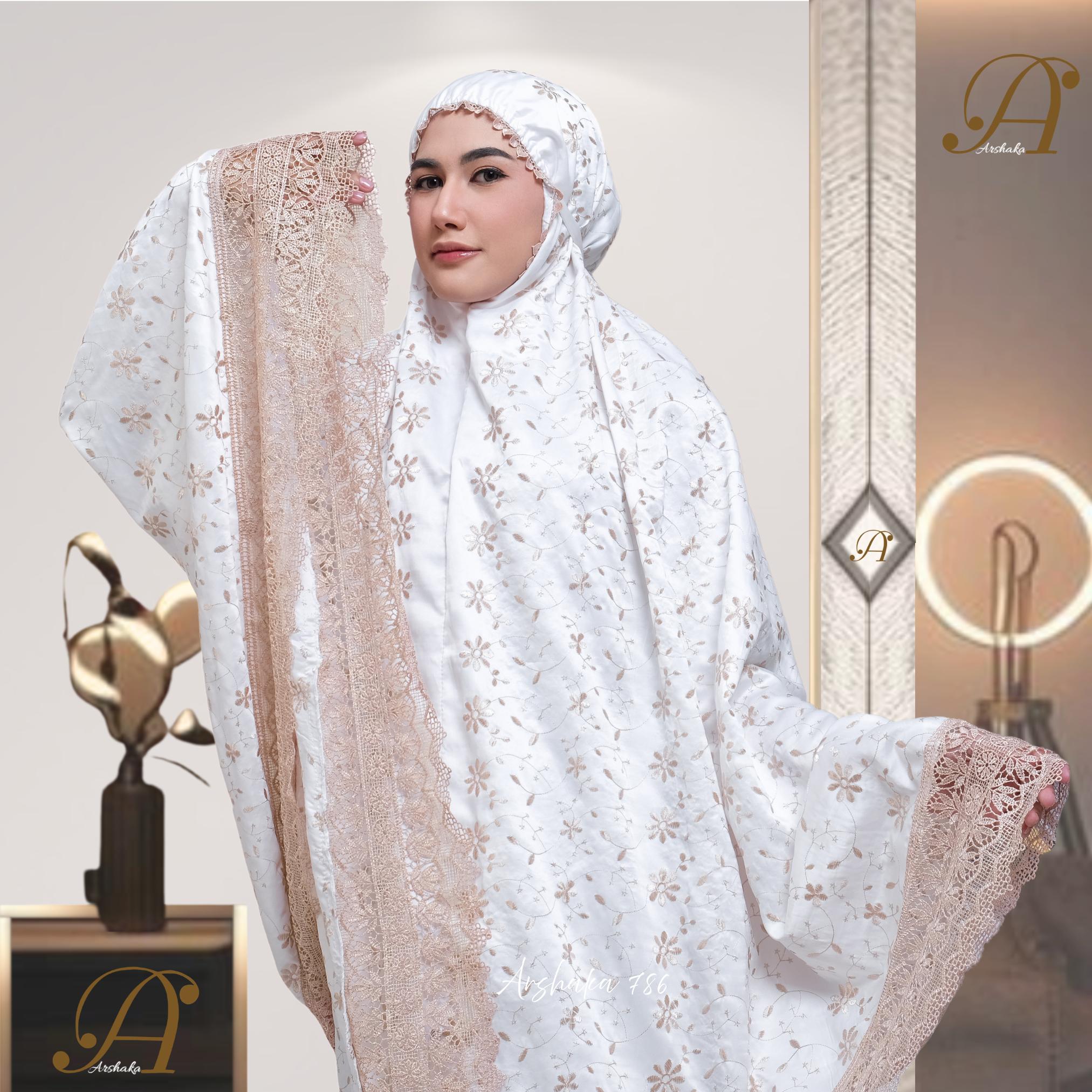 Arshaka 786 Mukena Dewasa Mewah Silk Bordir Serangkai Melati Haji Umroh Series