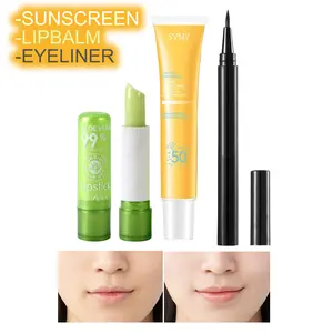 Paket 3in1 Eyeliner Hitam Sunscreen spf 50 dan Lipbalm Bibir Aloevera Set Eyeshadow