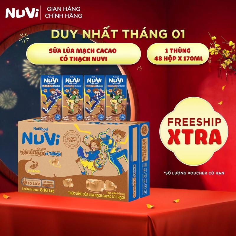  KOL  Thùng 48 Hộp Thức Uống Sữa Lúa Mạch Cacao Có Thạch NuVi 170ml 