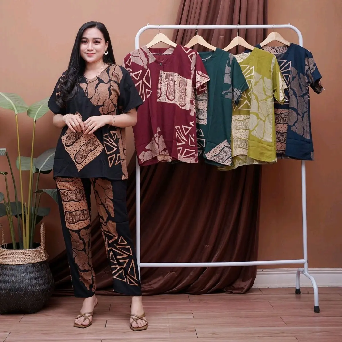 Setelan Baju Tidur Busui Rayon Bunga Kancing Wanita Panjang LD 110 cm - Dress