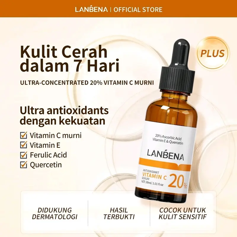 [BPOM] LANBENA 20% Vitamin C Murni Serum Kulit Pencerah/Perawatan Kulit Pemutih 7 Hari /Whitening Brightening SKIn Care 15ml/30ml  NO BPOM: NA11231900031     INFORMASI PRODUK:  BRAND: LANBENA ANTIOXIDANT VITAMIN C SERUM Mencerahkan Wajah Mengencangkan 6
