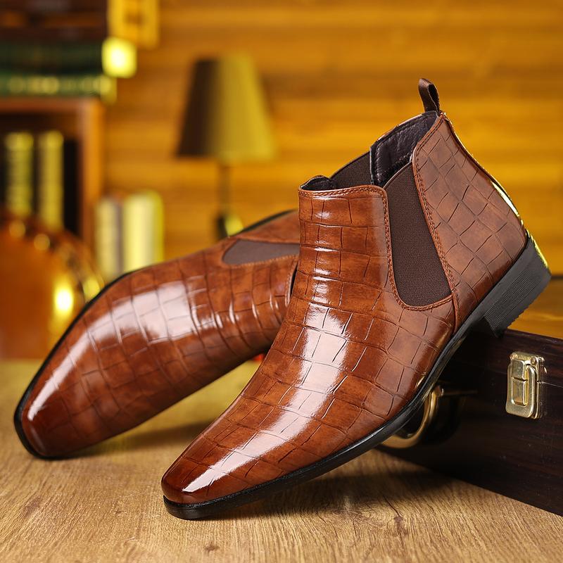 Product Introduction of Chelsea boots for men pointy vintage Doc Martens for men Crocodile print for men over ankle boots and cashmere winter fashion boots 3