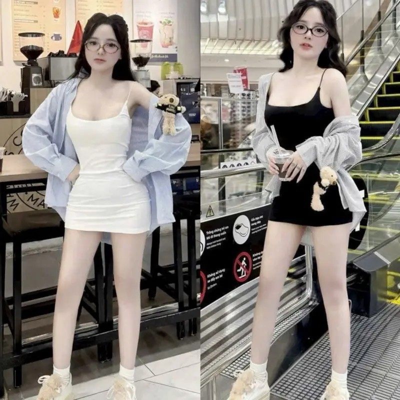 SÉT ĐẦM BODY CÓ MÚT NGỰC PHỐI ÁO KHOÁC SƠ MI LỤA KÈM PHỤ KIỆN GẤU