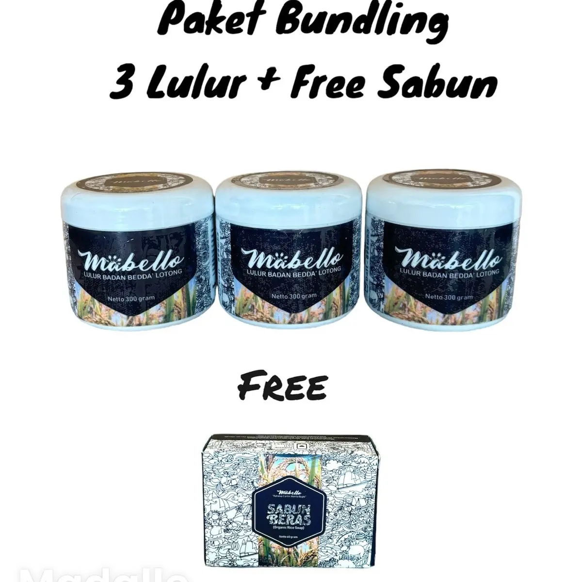 Paket Bundling 3 Lulur Bedda Lotong + Free Sabun Beras Hitam Mabello Scrub