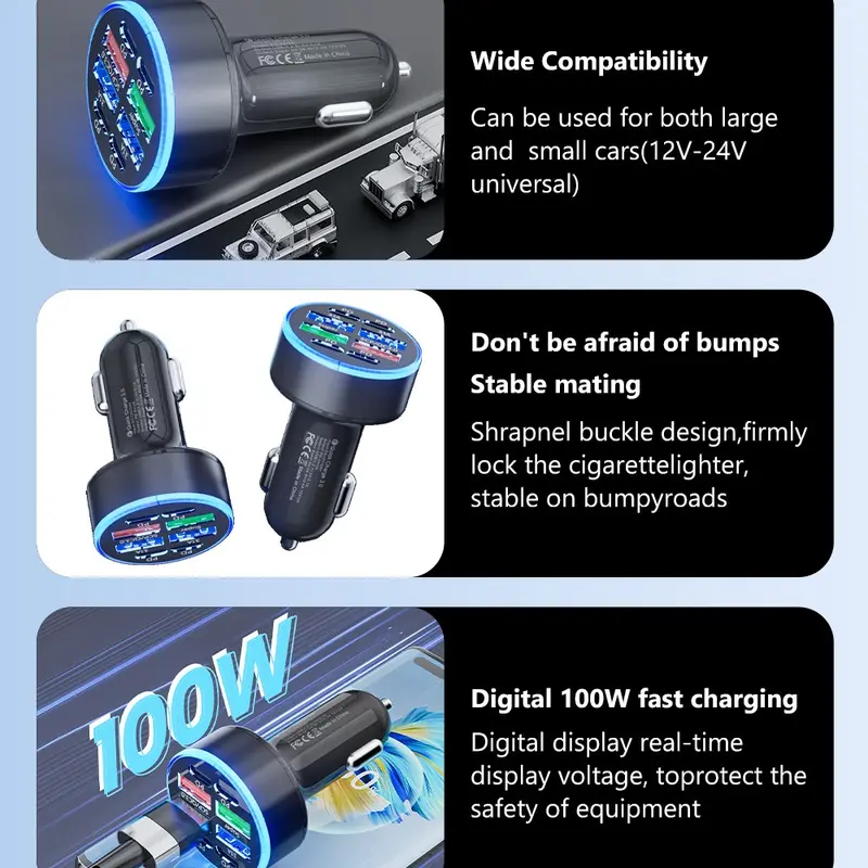 Bộ sạc ô tô sạc nhanh, 100W, 8 cổng, Bộ sạc ô tô, 4 cổng USB và 4 cổng Type C, Bộ Chuyển Đổi bộ sạc ô tô siêu nhanh, Tương thích với iPhone 16 / 15 Pro Max Plus và Samsung Galaxy S24 Phụ Kiện 7