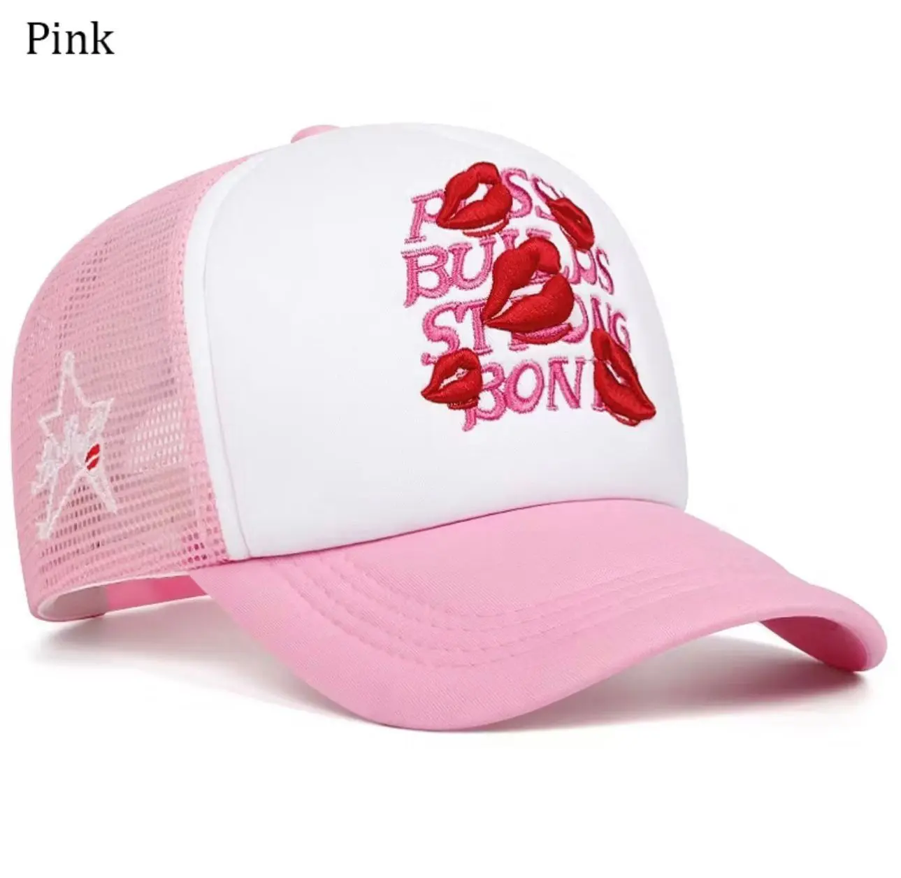 Topi Jaring Pria Wanita Remaja Dewasa Logo Bordir Red Lips Fashion Topi Trucker All Size Pink Motif Terbaru dengan Desain Star dan Logo Bordir yang Trendy