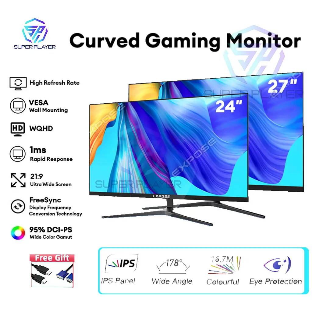 【Expose】Monitor PC 19/22/24/27 inch Curved / Flat computer gaming monitor laptop desktop 1080p 75/100165HZ IPS monitor HDMI IPS 4K UHD