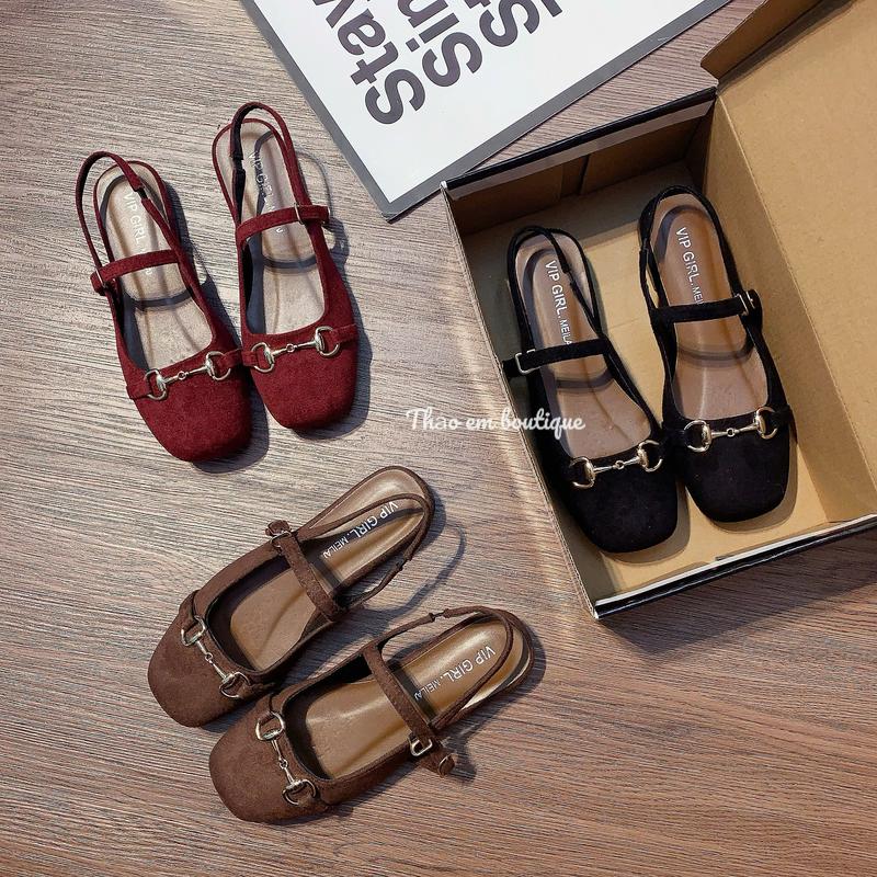 Sục bệt nữ hở gót da lộn mũi tròn tiểu thư cá tính có khoá SHK4V