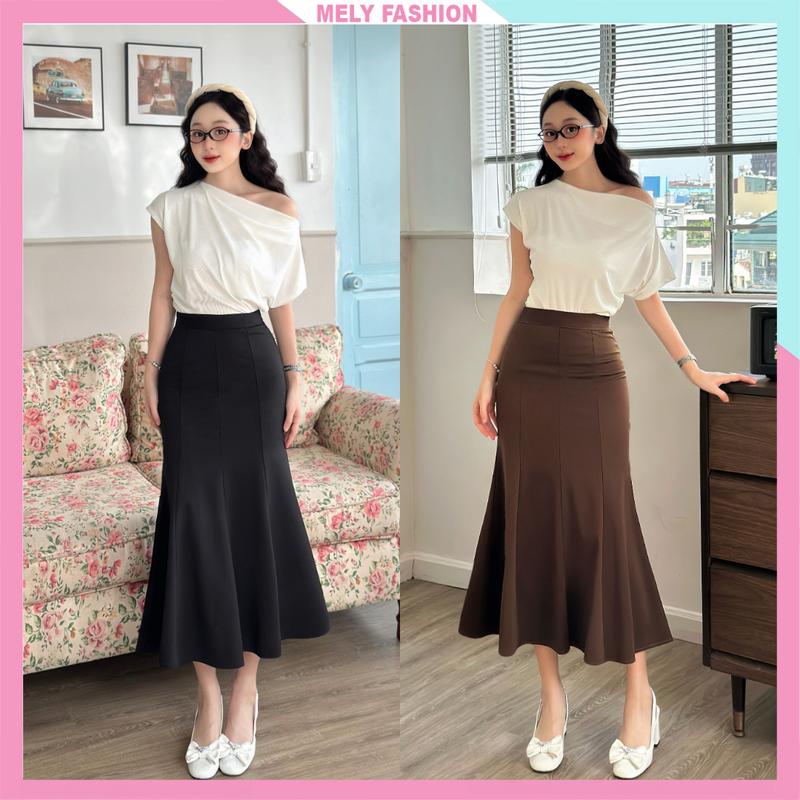 Chân váy đuôi cá ôm body Mely Fashion dáng dài xẻ tà cạp cao tôn dáng chất Umi Hàn cao cấp có bigsize đen trắng CV48-03