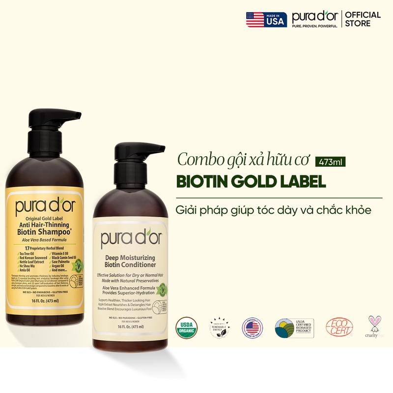 [Deal shock] Combo Dầu Gội và Dầu Xả Giảm Rụng Tóc Organic Pura D'or Biotin Gold Label 473ML | Chăm Sóc Tóc, Chăm Sóc Da Đầu, Dưỡng Tóc, Hỗ Trợ Mọc Tóc