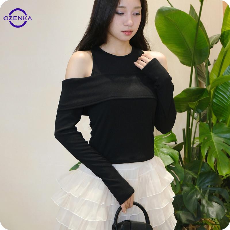  Áo kiểu nữ trễ vai tay dài 2 lớp len tăm Ozenka – áo thu đông ulzzang Hàn Quốc đen trắng sang chảnh 