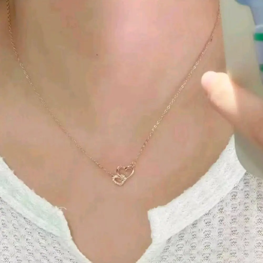 Ganchi - Kalung Titanium Gold Liontin Love Kembar Berlian Korea Syle Elegan